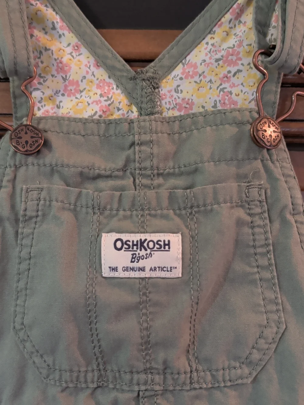 OshKosh B'gosh Olive Green Kids Overalls with Floral Trim